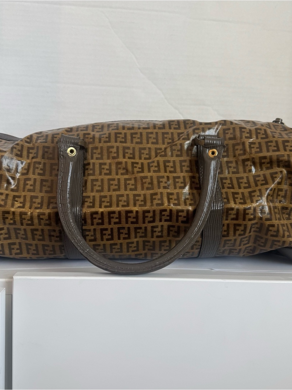 SOLD: Authentic Fendi Zucca Boston Bag Purse Brown FF Monogram Canvas Duffle - Picture 3 of 15